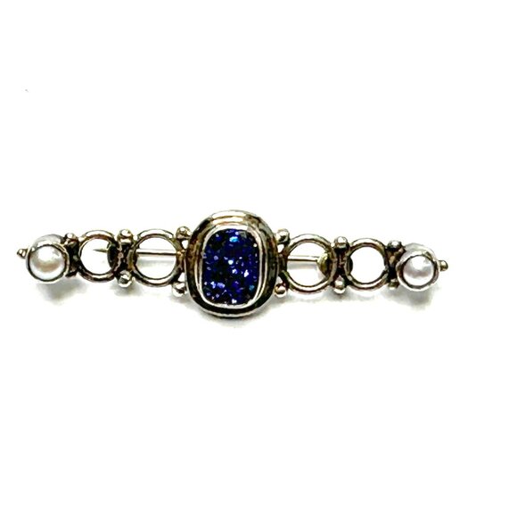 Vintage Sterling Silver Art Nouveau Revival Brooch—Titanium Druzy/Pearl Bar Pin - Picture 5 of 15